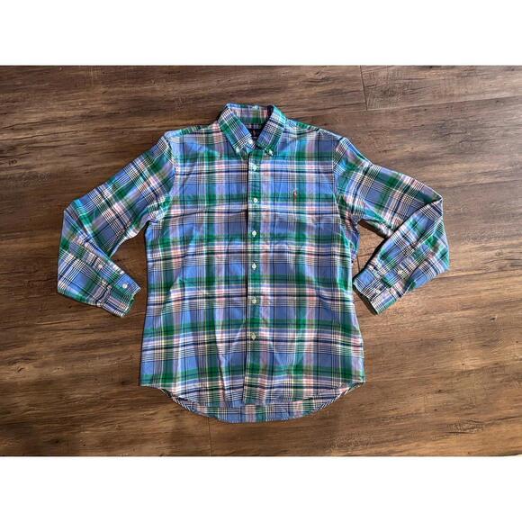 Ralph Lauren Classic Fit Green/Pink Long Sleeve Tattersall Oxford Sz M EUC - Picture 1 of 5